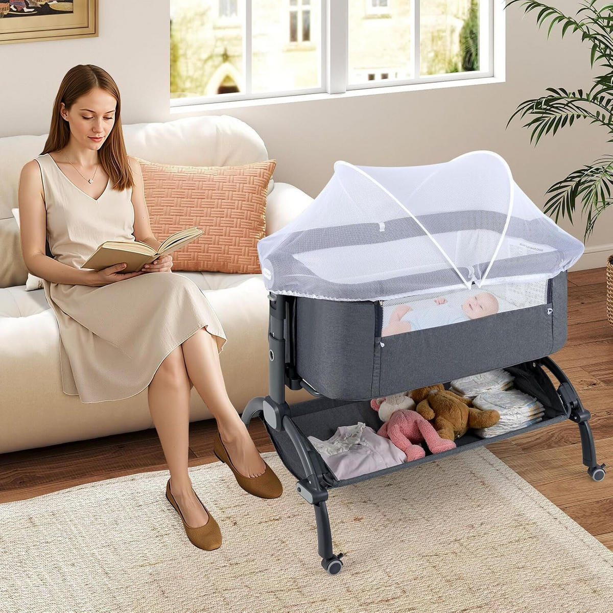 BABYWIEGE mit Matratze grau - Grau, Textil - COSTWAY
