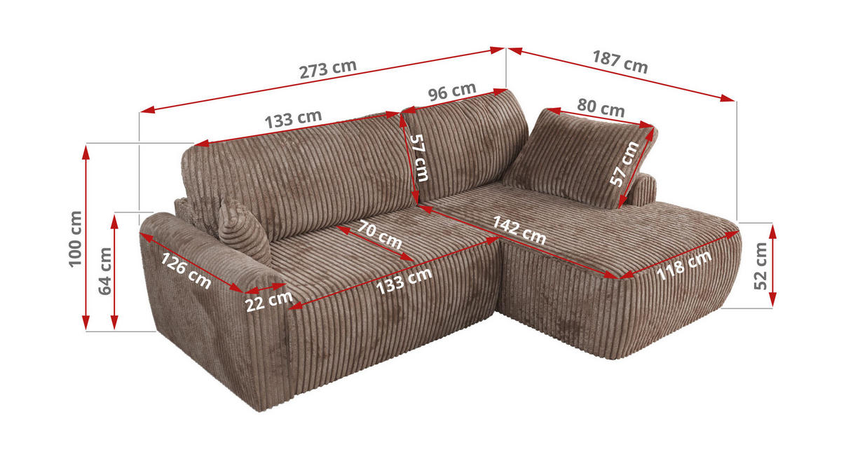 ECKSCHLAFSOFA CUBO L Braun Cord - links - Schwarz/Braun, Kunststoff/Textil (273/187cm) - MKS