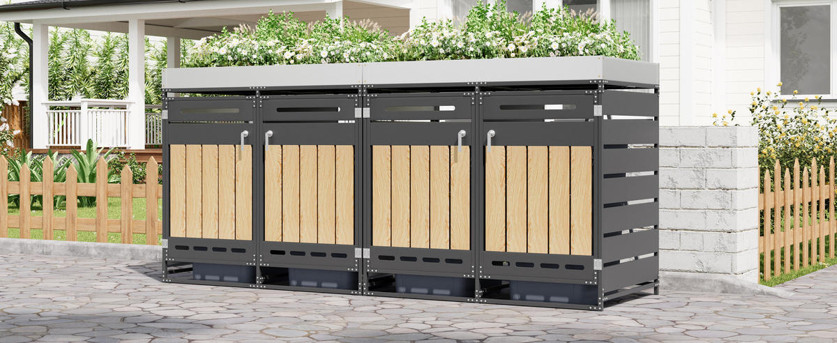 MÜLLTONNENBOX 4er Set Pflanzkasten Holzoptik Schloss - Schwarz, Metall (262/120/79cm) - LEBENLANG