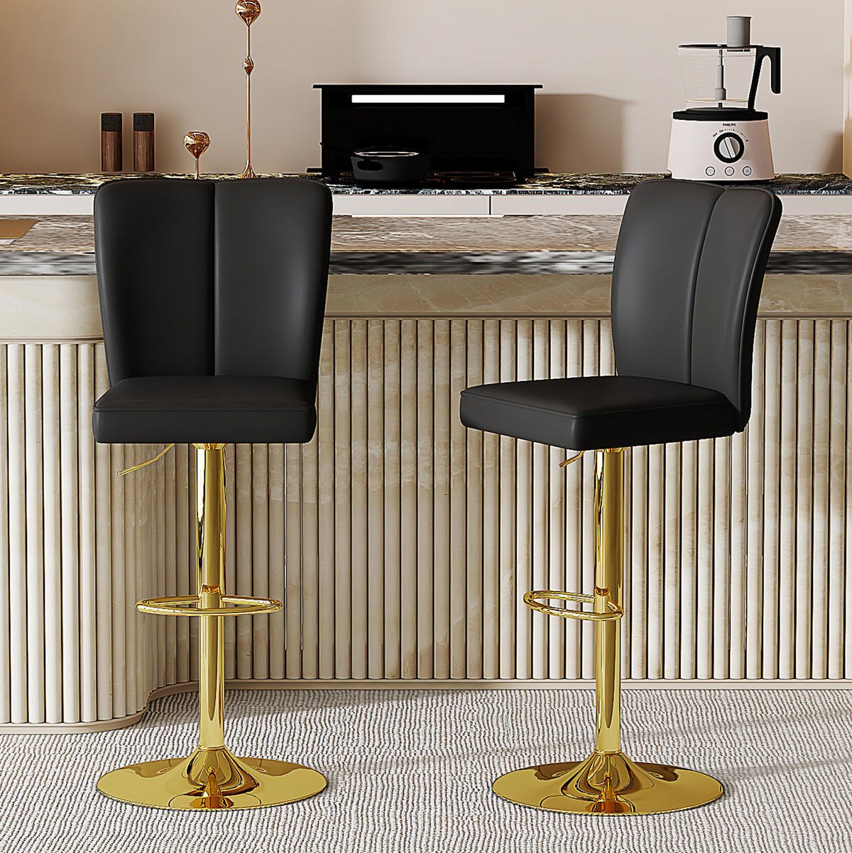 BARHOCKER höhenverstellbar drehbar 63-85 cm Schwarz-Gold 2er-Set - Goldfarben, Metall (44/117.5/44.5cm) - Meubliv