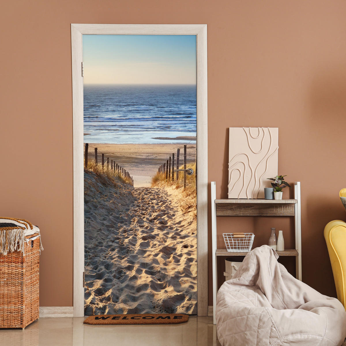 FOTOTAPETE Tür - Strand - Meer - Niederlande - Dünen - Sonne 90x205 cm - Blau, Kunststoff (90/0.1cm) - MuchoWow