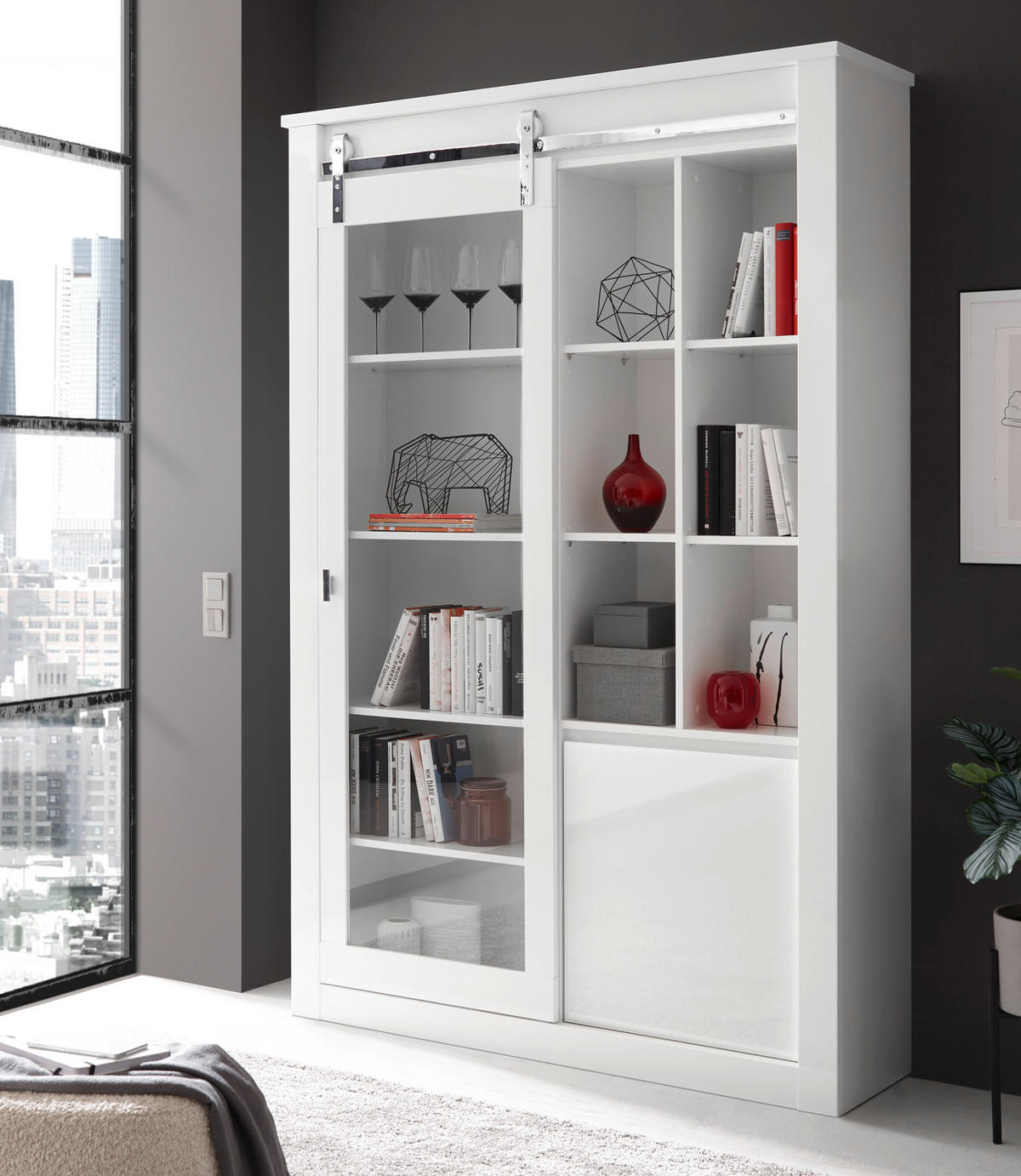 VITRINE weiß Hochglanz 133 x 201 cm, Vitrinenschrank mit Soft-Close - Chromfarben/Weiß Hochglanz, Glas/Holzwerkstoff (133/153/38cm) - Furn.Design