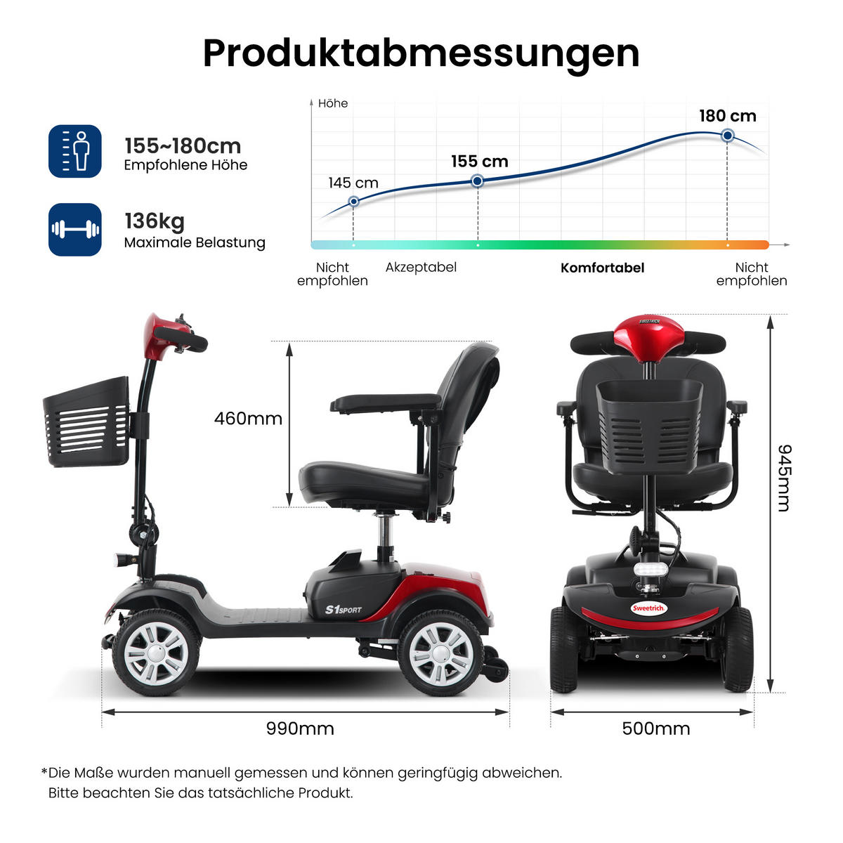 ELEKTROMOBIL faltbar Seniorenmobil,15-25 km,12Ah 4-Rad-Scooter,Rot - Rot, Metall (50/94.5/99cm) - LVHOM