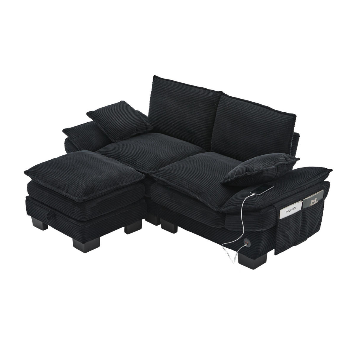 SOFA 2-Sitzer mit Hocker 190 x 132 cm Cord Schwarz - Schwarz, Kunststoff (132/190cm) - Meubliv