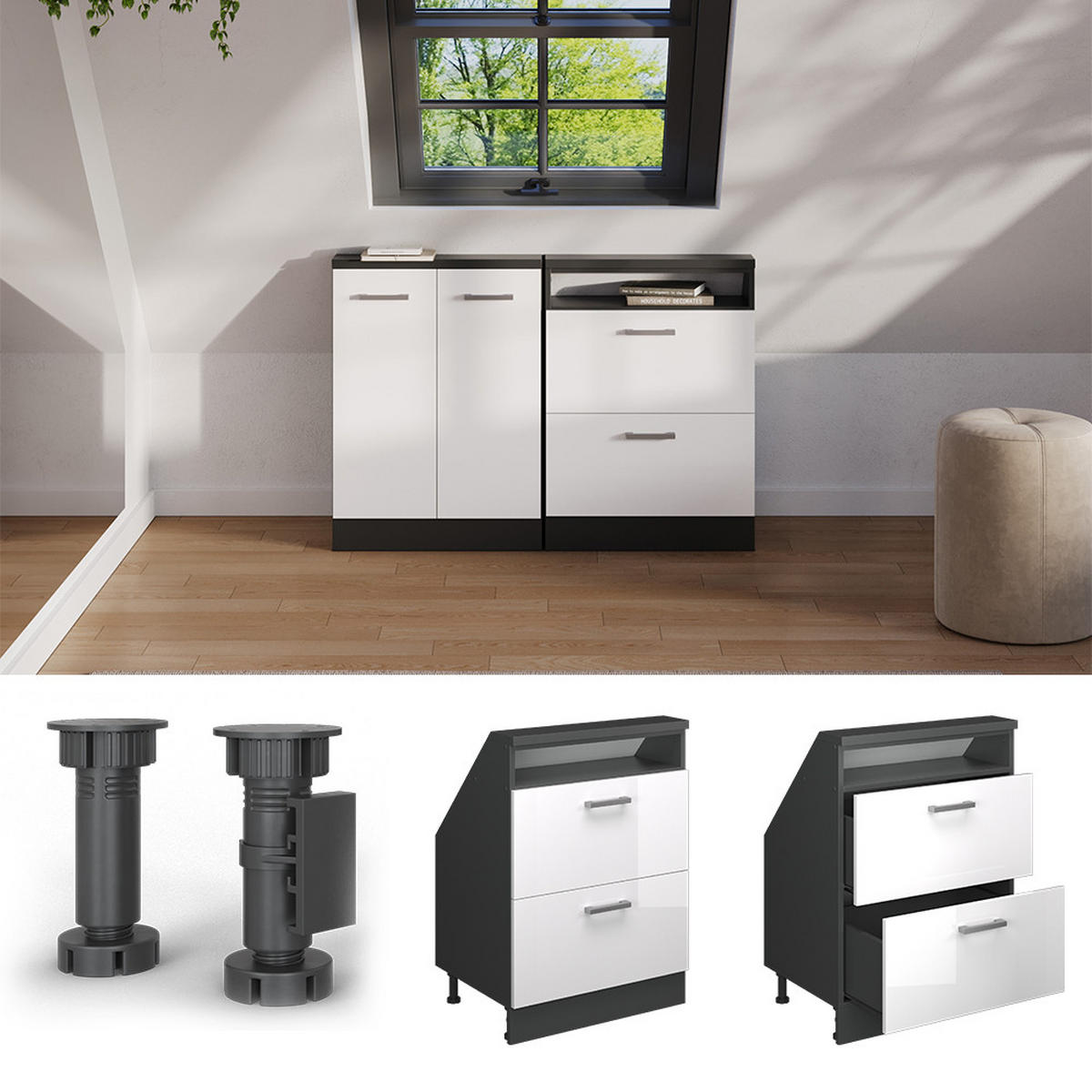 DACHSCHRÄGENSCHRANK Rion Weiß Hochglanz/Anthrazit mit 2 Schubladen - Weiß Hochglanz/Anthrazit, Holzwerkstoff (60/81.6/46cm) - Vicco