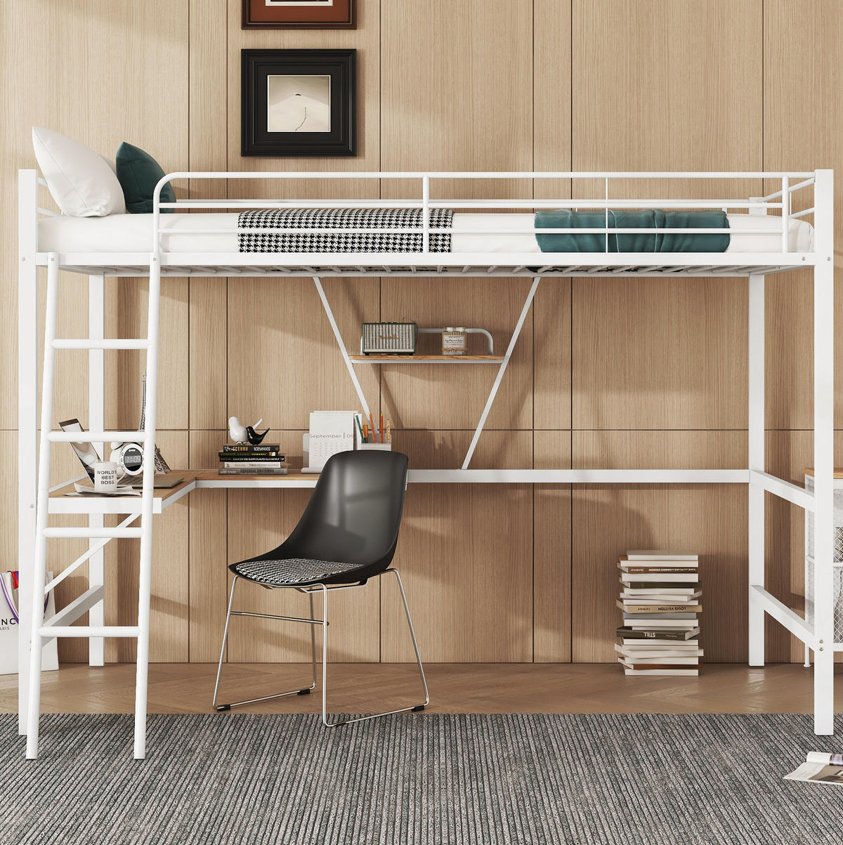 HOCHBETT 90/200 cm mit L-förmigem Schreibtisch, Regal und Sicherheitsgeländer, Metall/MDF, Weiß - Weiß, Metall (90/200cm) - Redom