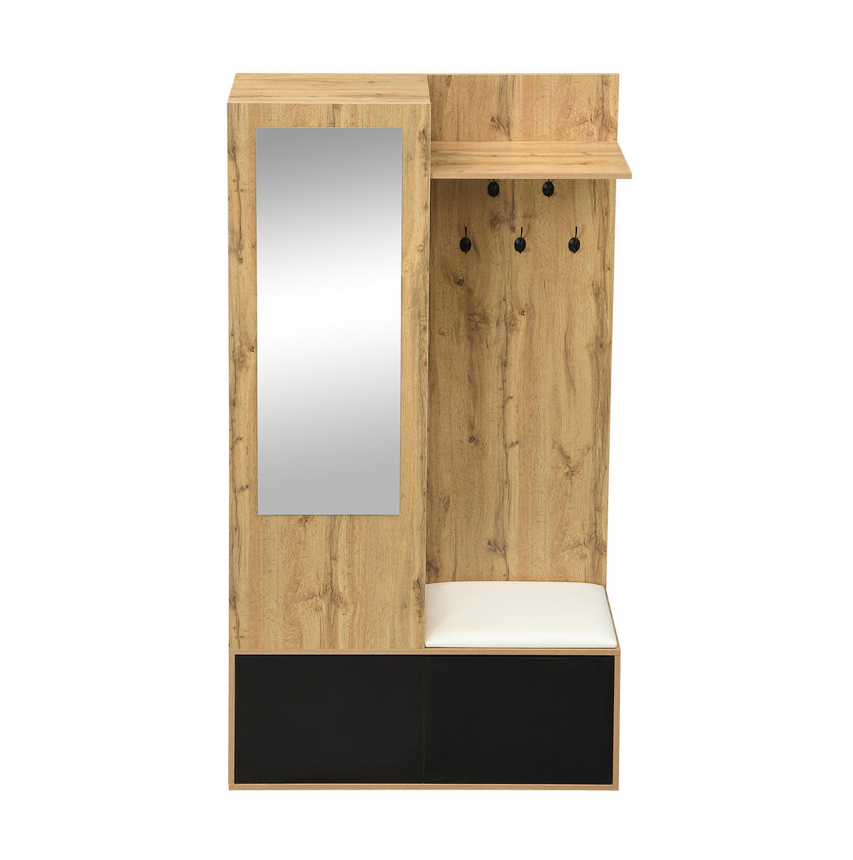 GARDEROBE mit Spiegel, Schuhablage und Sitzbank, 5 Haken, 100/38/191 cm - Schwarz, Holzwerkstoff (100/191/38cm) - BEAOK