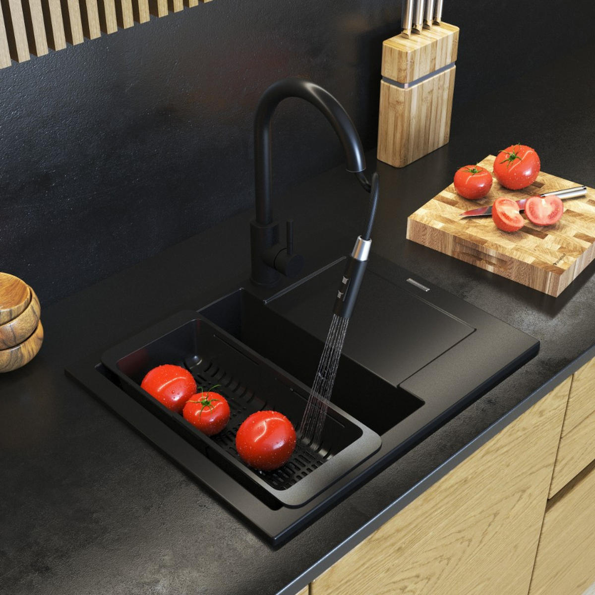 SPÜLE Bello Schwarz 3-tlg. mit Armatur und Siphon Chrom - Schwarz, Stein (57/47/20cm) - Granitan