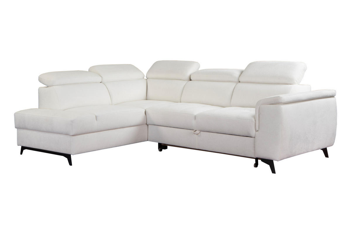 ECKSOFA VOLA Weiß Velours-Stoff mit Schlaffunktion - Weiß, Holz (270/199cm) - MASSENO