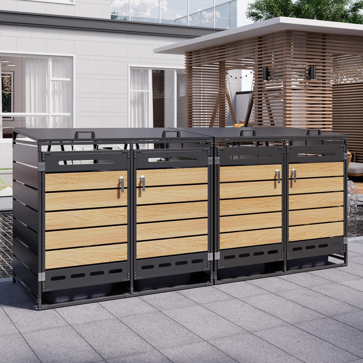 MÜLLTONNENBOX 4er Set Hydraulik Deckel Holzoptik horizontal Schloss - Schwarz, Metall (262/116/79cm) - LEBENLANG