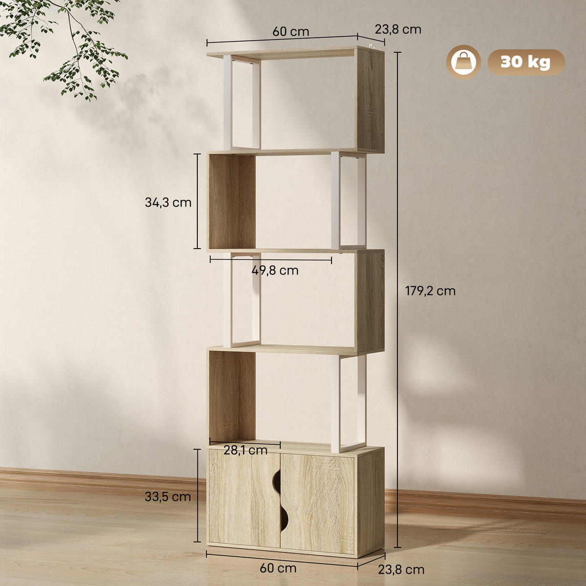 REGAL DE-15536 5 Ebenen + Doppeltürschrank Naturholz - Naturfarben, Holzwerkstoff (60/179.2/23.8cm) - ComfortXL
