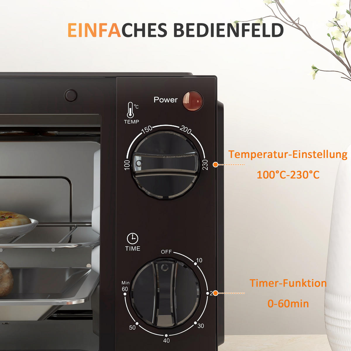 MINIBACKOFEN 9L 750W Mini Ofen mit Backblech & Grillrost, Einstellbare Temperatur 100-230°C, 60 Min. Timer, Schwarz - Schwarz, Metall (35/20/24.6cm) - Beaface