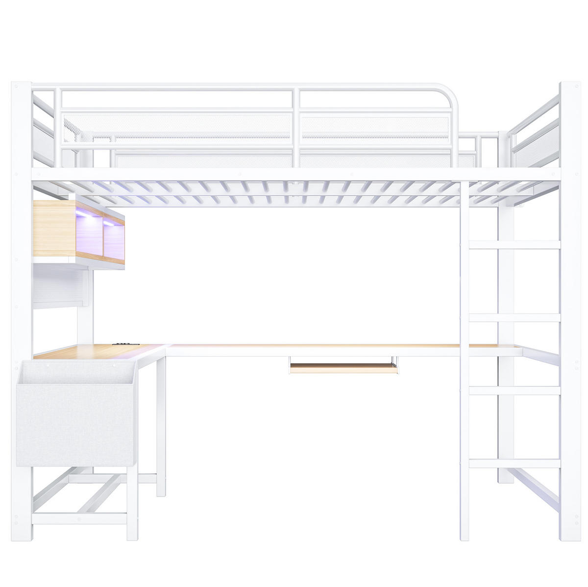 HOCHBETT 140/200 cm Weiß mit Schreibtisch, LED und USB - Weiß, Metall (140/200cm) - MIVRAY