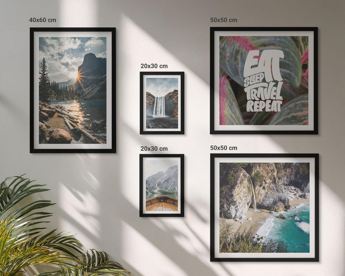 WANDBILDER 5er-Set - 50x50 cm & 20x30 cm & 40x60 cm Schwarzer Rahmen - Wasserfall Bergreise Natur - Schwarz, Kunststoff (40/60cm) - ArtPrintCave