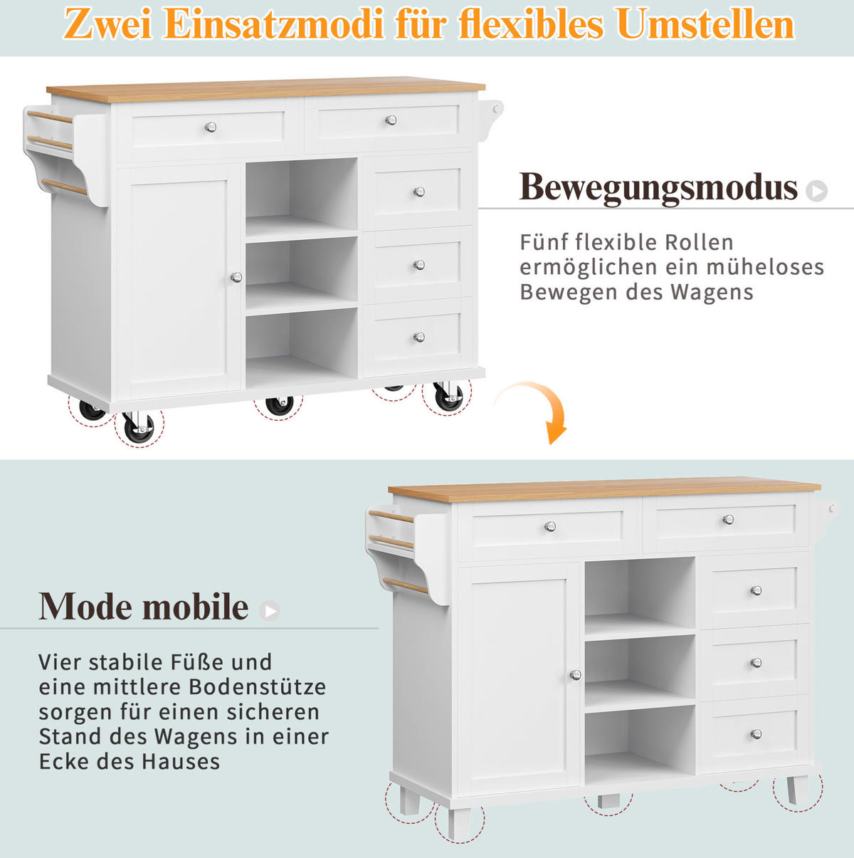 KÜCHENINSEL 134/46/92 cm weiß mit Rollen und viel Stauraum - Weiß, Holzwerkstoff (134/92/46cm) - OKWISH