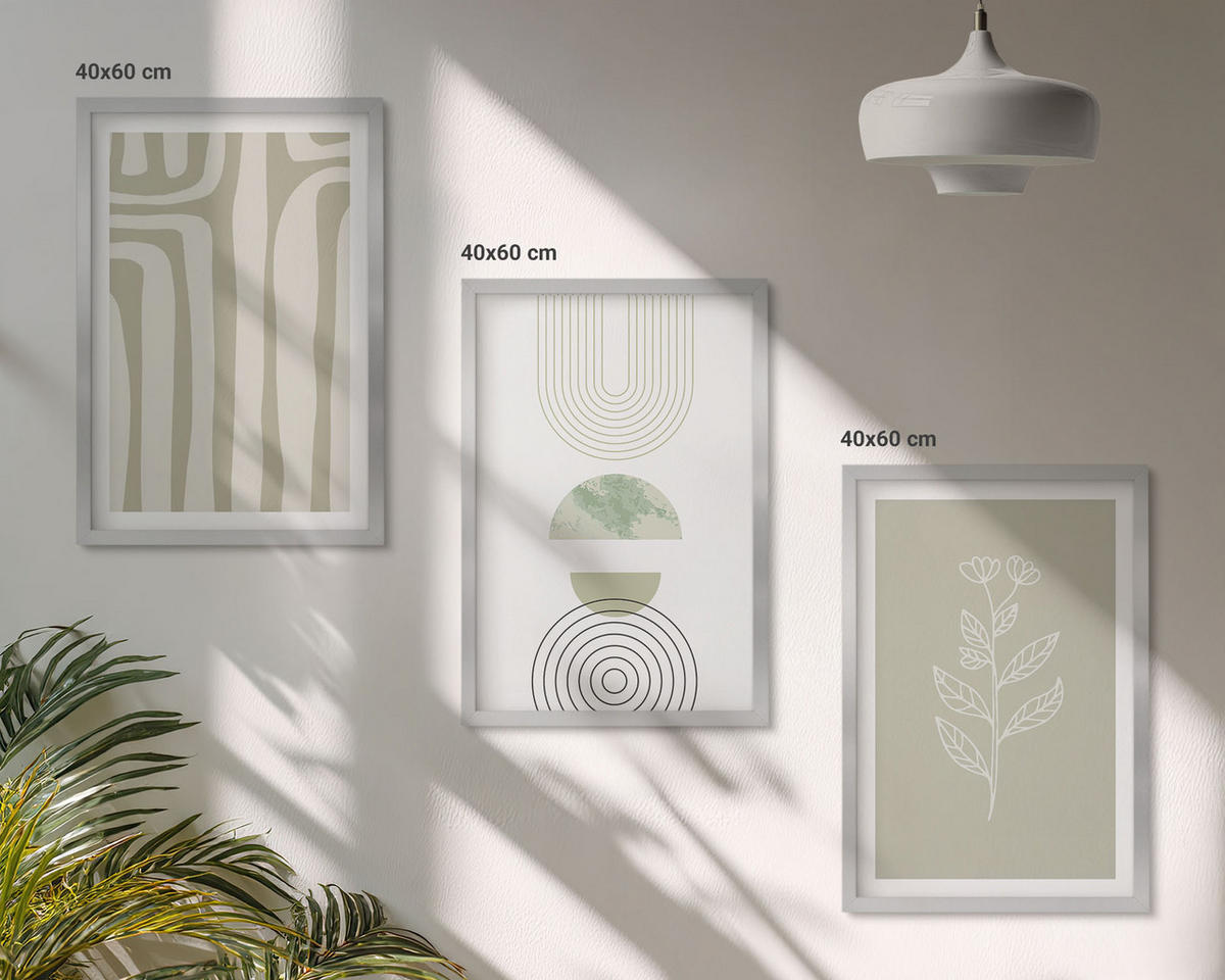 WANDBILDER 3er Set - 40x60 cm Silberner Rahmen - Geometrische Pflanzenmuster - Silberfarben, Kunststoff (40/60cm) - ArtPrintCave