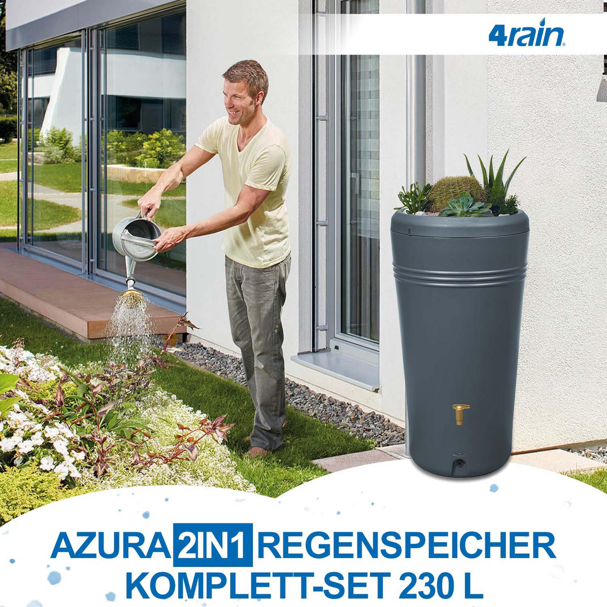 2IN1 Regentonnen Komplett-Set 230 L graphite grey inkl. Kunststoff-Auslaufhahn und Fallrohranschluss - Grau, Kunststoff (59/114/60cm) - 4rain