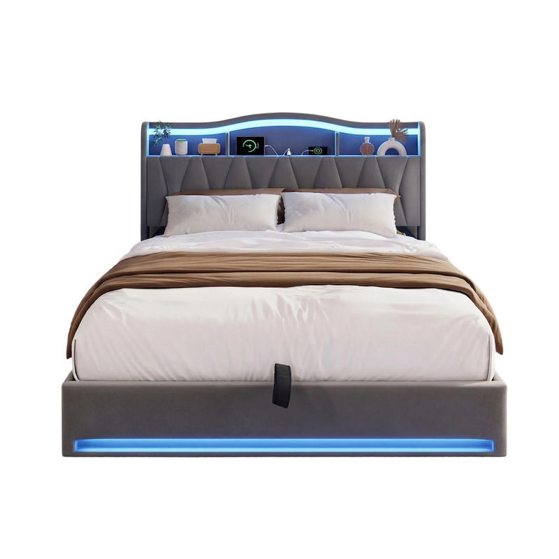 POLSTERBETT 160/200 cm grau mit Stauraum, LED und USB - Grau, Holz - SHOPENTRA