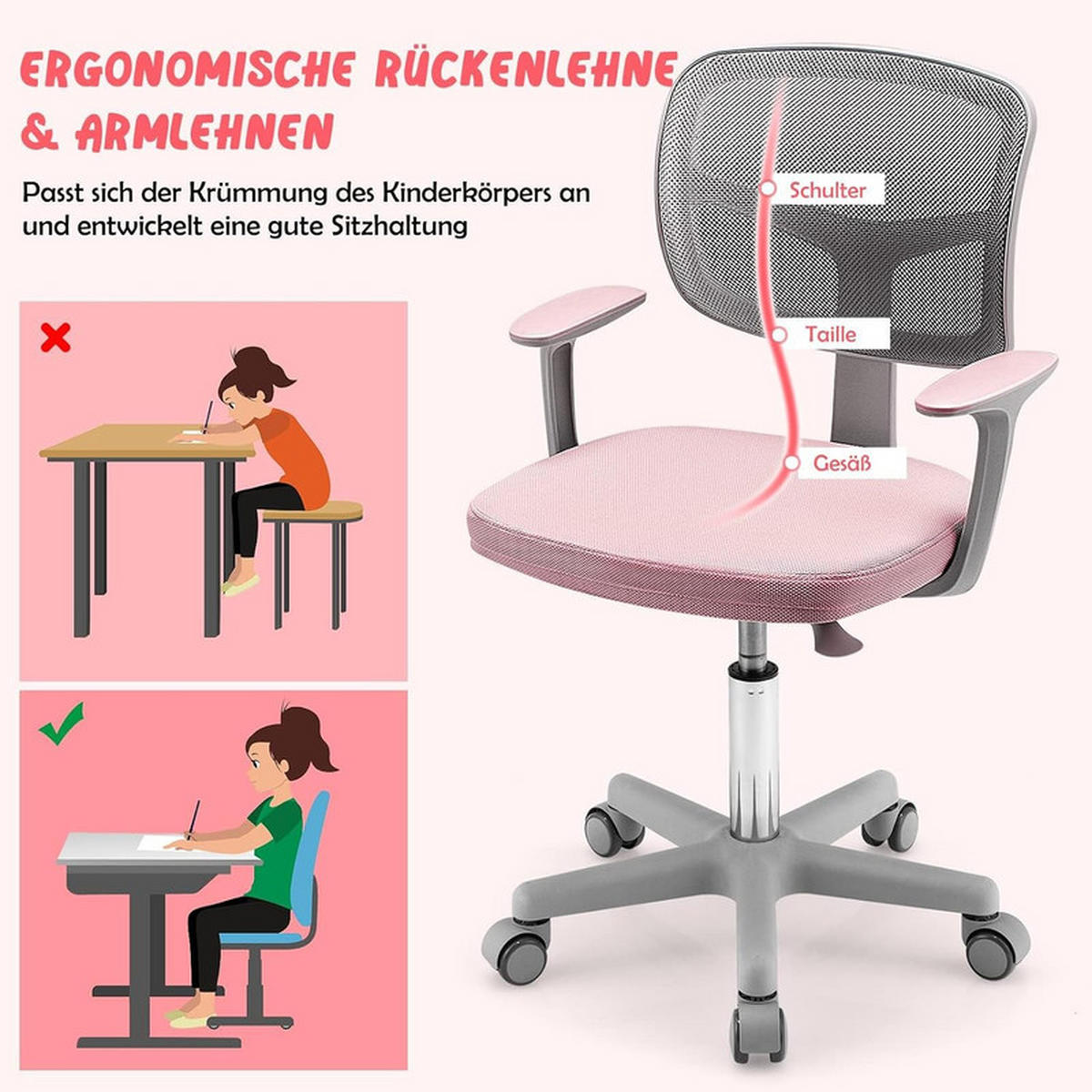KINDER‑BÜROSTUHL 360°drehbar rosa - Pink, Kunststoff (54/80/54cm) - COSTWAY