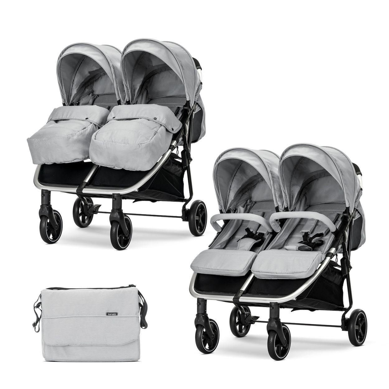 GESCHWISTERKINDERWAGEN DUO grau hellgrau klappbar verstellbar Fußabdeckung Wickeltasche - Silberfarben, Metall (76/88/105cm) - Lorelli
