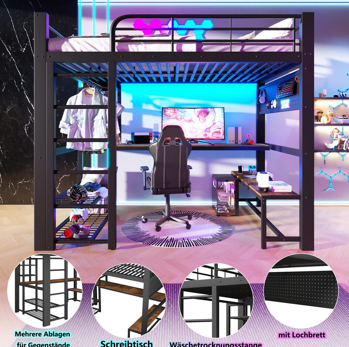 HOCHBETT 140/200 cm mit LED-Beleuchtung, Schreibtisch, Ablagen und Kleiderstange, Schwarz - Schwarz, Metall (140/200cm) - Redom