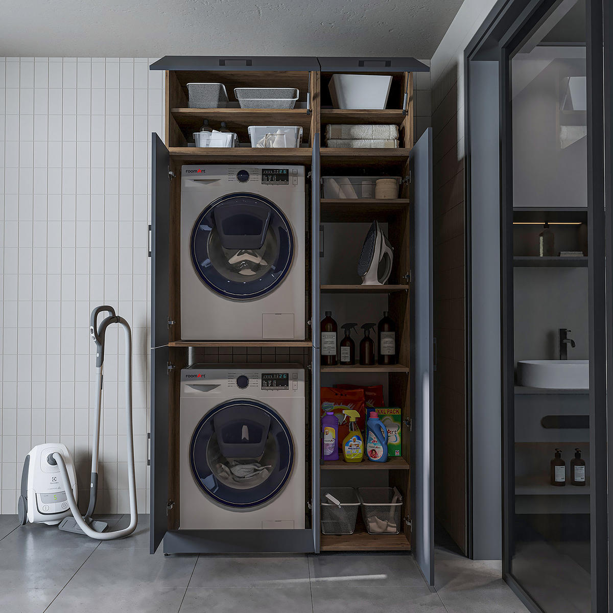 WASCHMASCHINENSCHRANK DORA-II 115cm Breit, 230cm Hoch - Anthrazit, Holzwerkstoff (115/230/73.8cm)