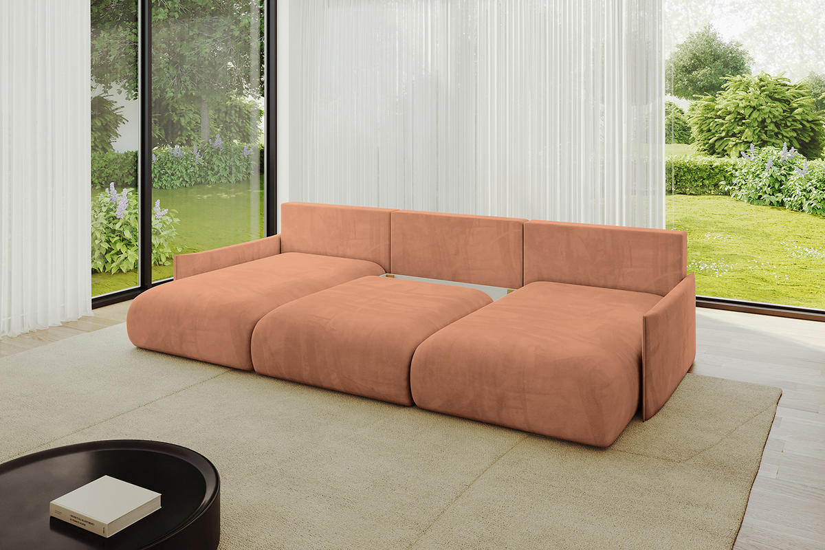 WOHNLANDSCHAFT mit Schlaffunktion und Bettkasten ONESK-U-v1 317x177x72 Koralle Velours - Koralle, Holzwerkstoff/Kunststoff (317/72/177cm) - ALTDECOR