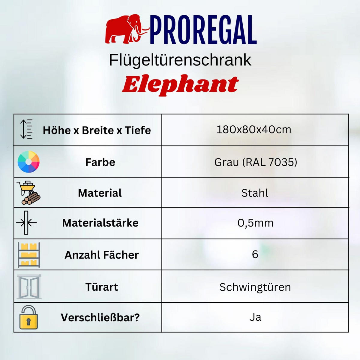 FLÜGELTÜRENSCHRANK Elephant 2er-Set 180x80x40cm 6 Fächern & Kleiderstange Lichtgrau - Hellgrau, Metall (160/180/40cm) - PROREGAL