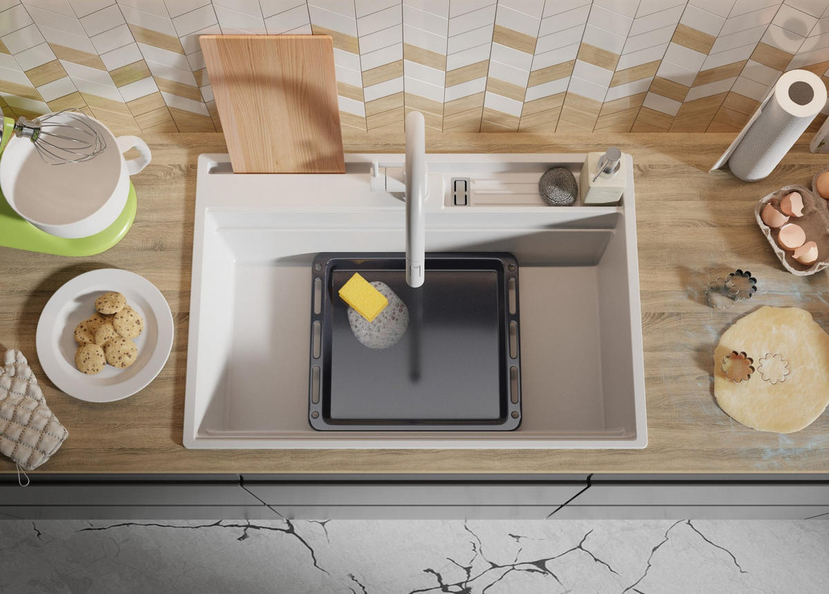 SPÜLBECKEN Oslo Pocket, 2-er set Weiß 78/53 cm 1 Becken + Ablauf-Set + Küchenzubehörset ab 80er Unterschrank - Chromfarben/Beige, Kunststoff (78/20/53cm) - Primagran
