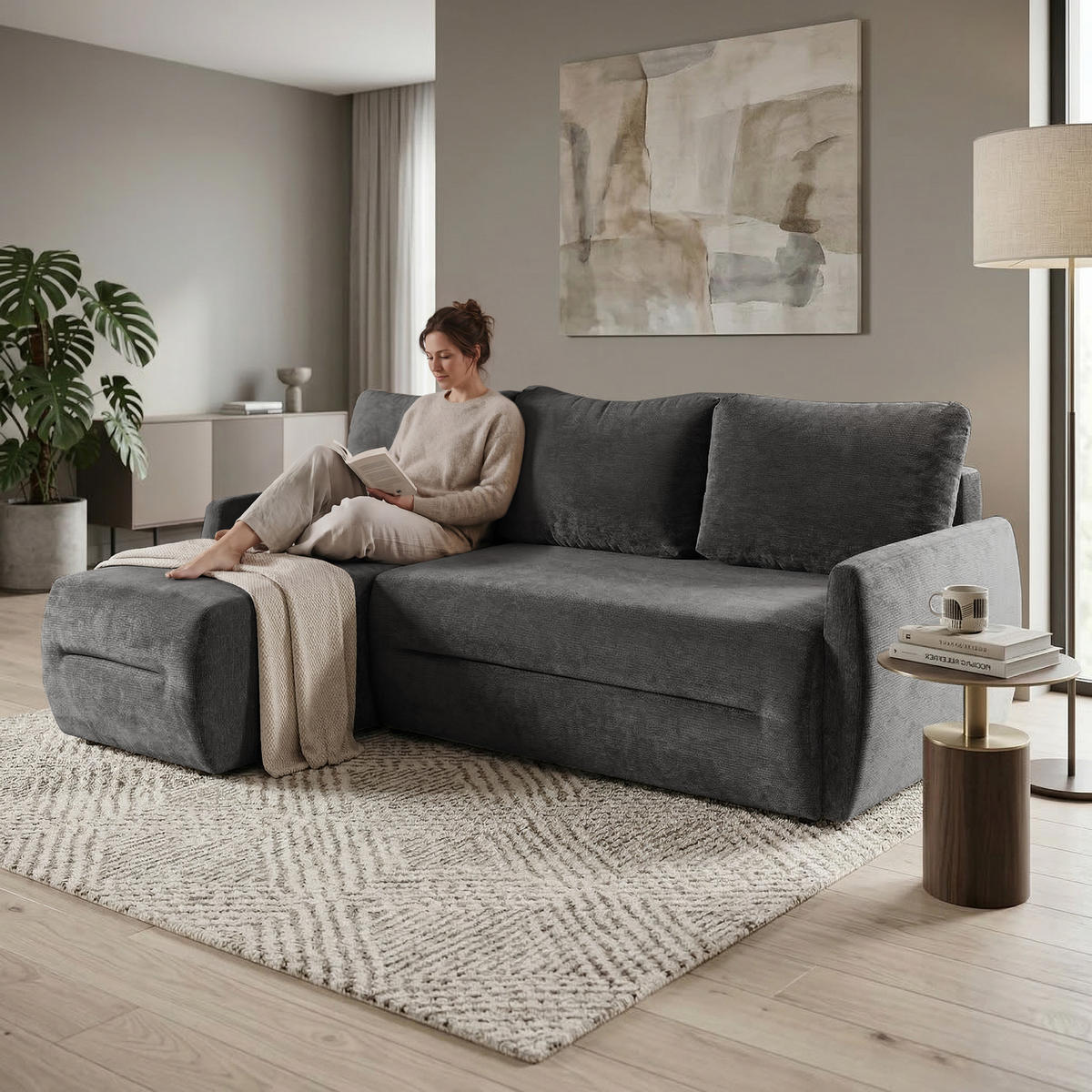 ECKSCHLAFSOFA Camila mit Schlaffunktion und universeller Ottomane, Dunkelgrau - Dunkelgrau, Textil (225/153cm) - Beautysofa