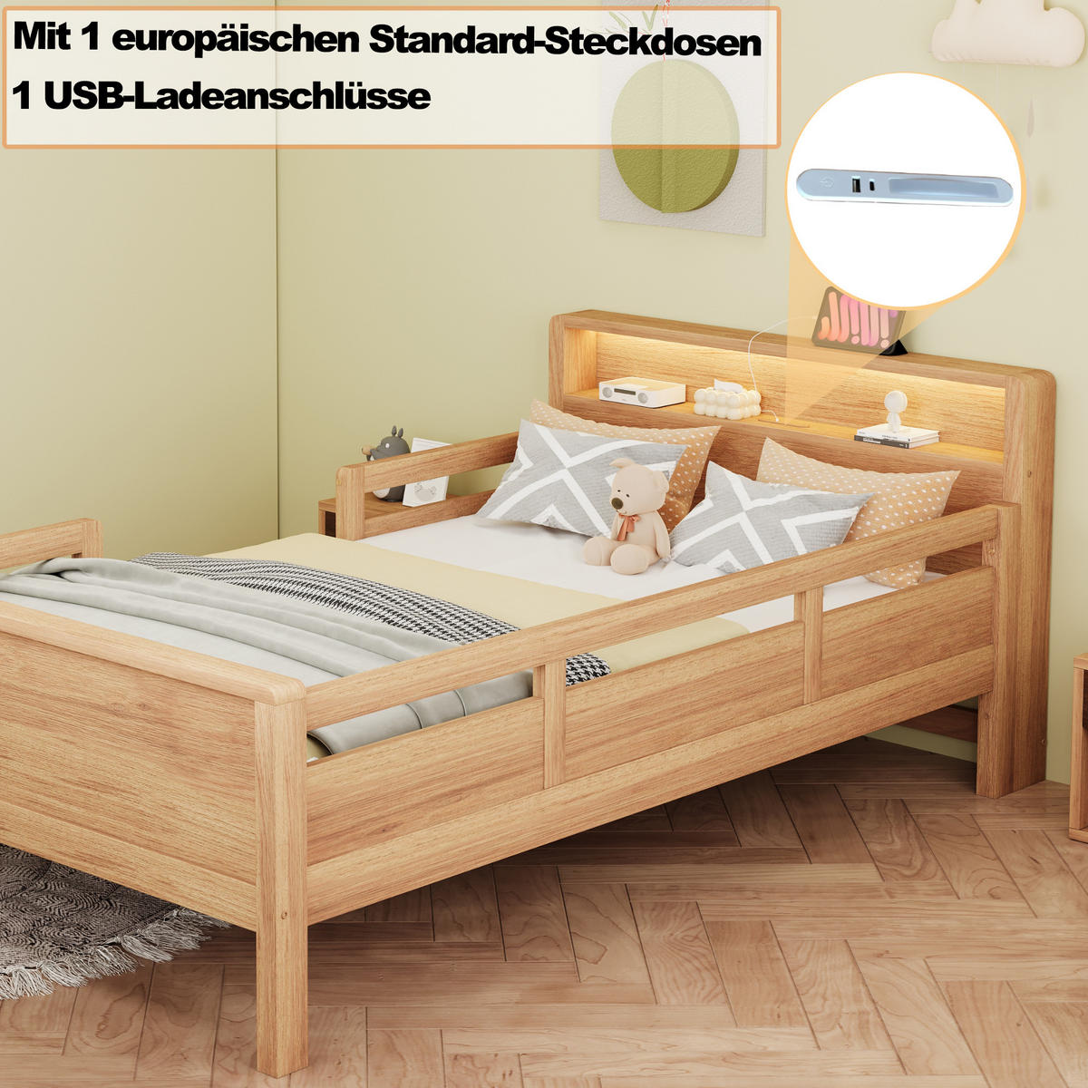 KINDERBETT 90x200cm Kiefer Holz USB LED Kopfteil Stauraum - Naturfarben, Holz (90/200cm) - FLIEKS