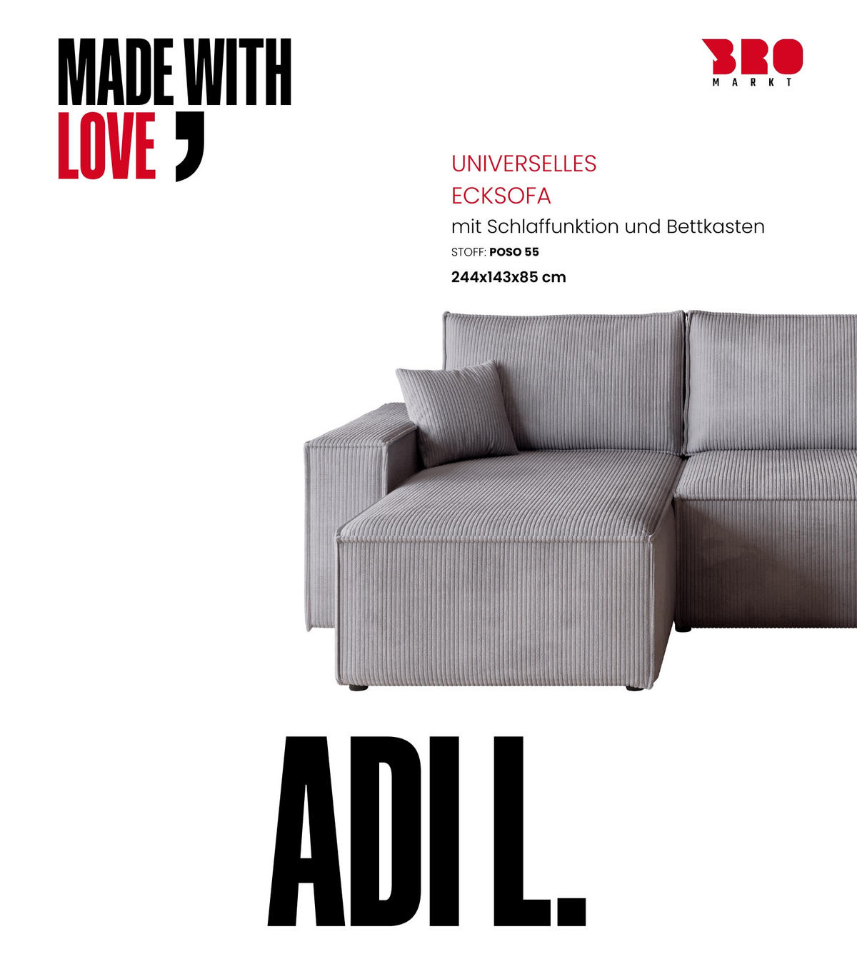 ECKSOFA ADI mit Schlaffunktion Hellgrau Cord - Hellgrau, Textil (244/143cm) - Bromarkt