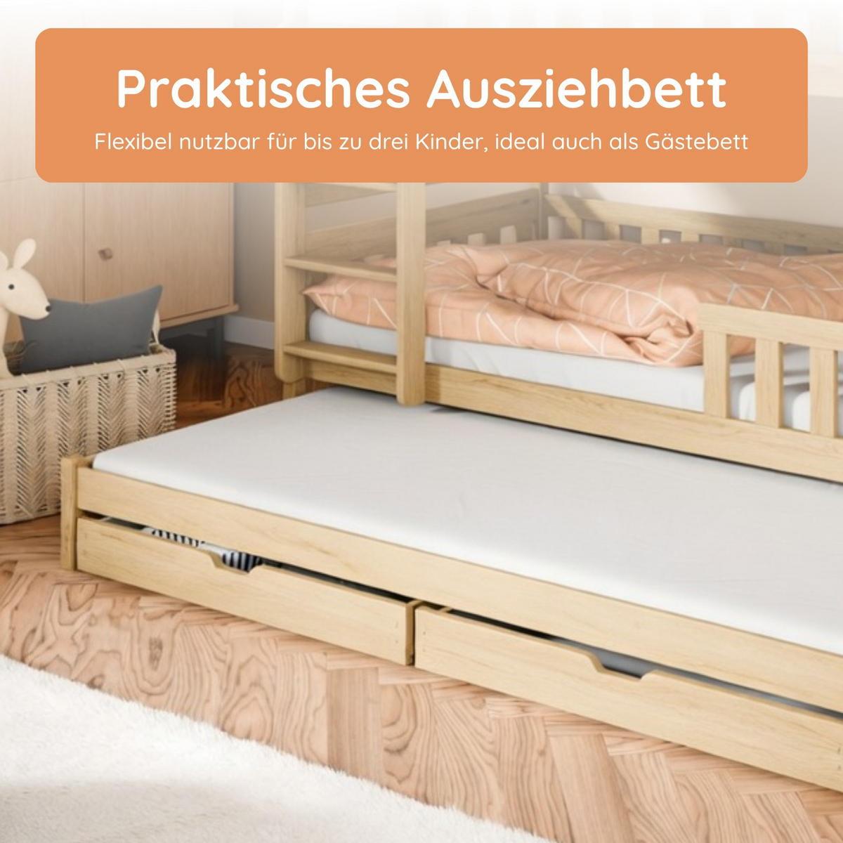 ETAGENBETT mit drei Matratzen Schubladen und Ausziehbett 90x200 in natur - Naturfarben, Holz (90/200cm) - Kids Collective