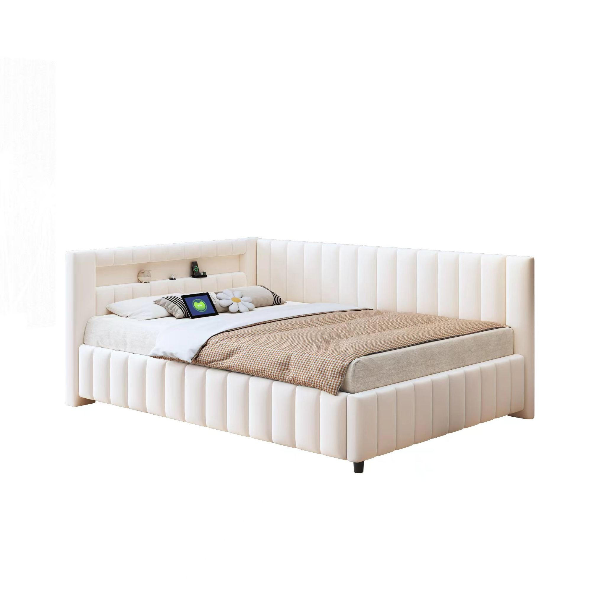OKWISH ČALOUNĚNÁ postel 140/200 cm béžová ze sametu s LED osvětlením a USB portem