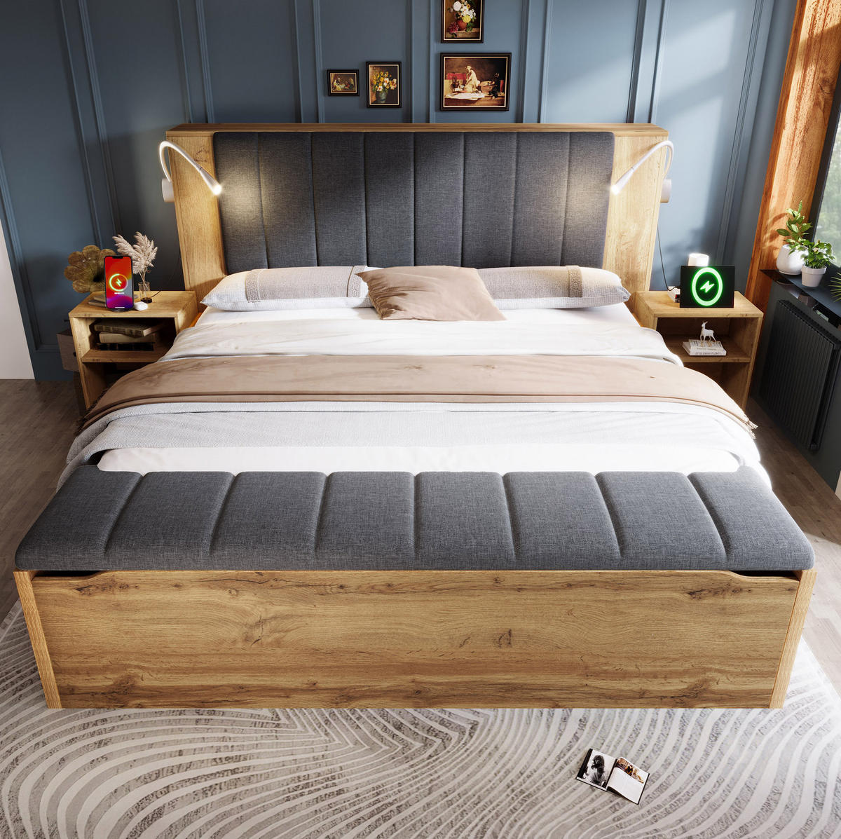 BETT 160/200 cm in Eiche mit klappbarem Kopfteil, Matratze & Stauraum - Eichefarben, Holzwerkstoff (160/200cm) - BEAOK