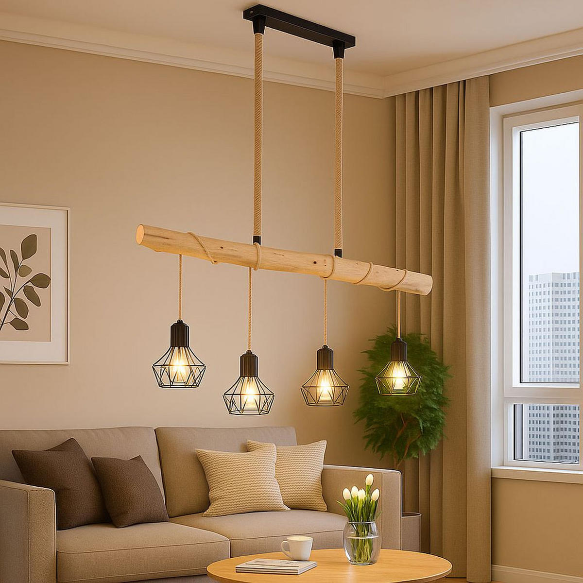 HÄNGELEUCHTE Metall Braun Holzoptik - Braun, Holz (100/15/120cm) - Globo Lighting