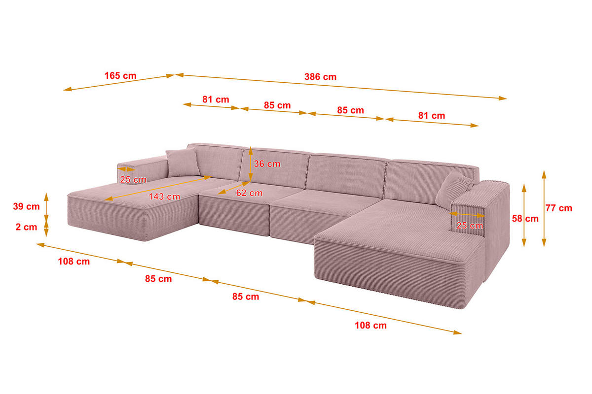 WOHNLANDSCHAFT IREA-U2-v4 - 386x165x77 cm Rosa - Rosa, Holzwerkstoff/Textil (386/77/165cm) - ALTDECOR