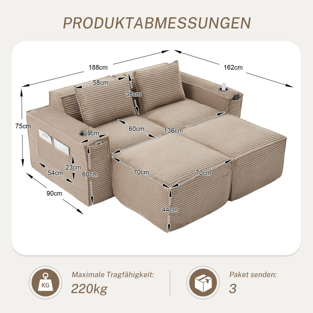 2-SITZER-SOFA DE-33836 mit 2 Hockern Khaki - Sandfarben, Textil (188/75/162cm) - ComfortXL