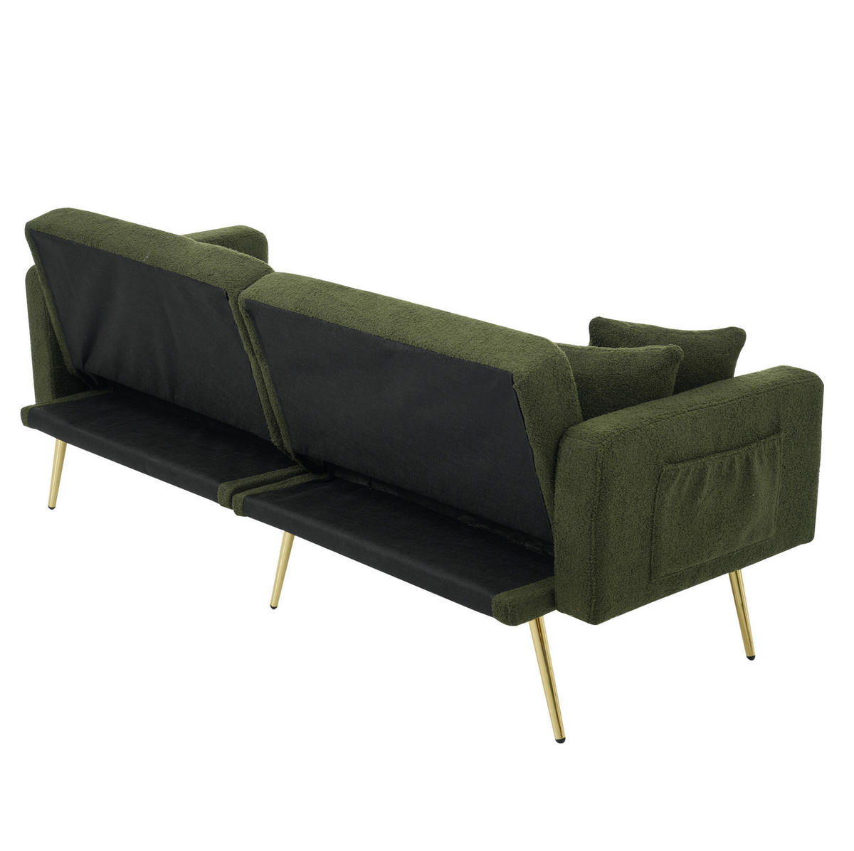 ROZKLADACIA pohovka 175/64/72 cm starozelená s polohovateľným operadlom a bočnými vreckami z látky sherpa - zelená, plast (175/72/64cm) - OKWISH