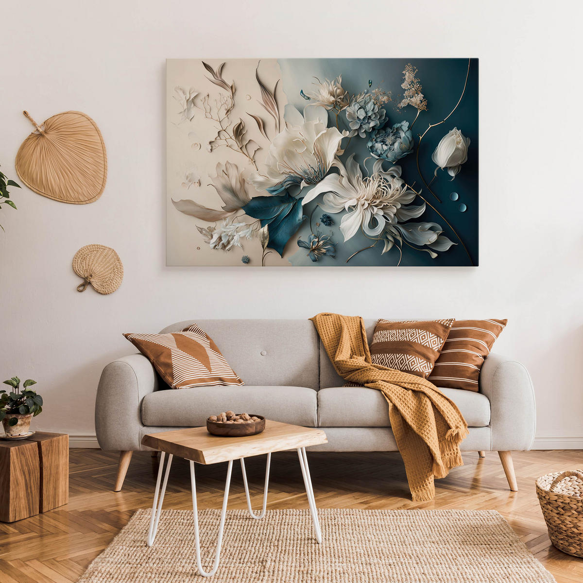 LEINWANDBILD Abstrakte Blumen Pflanzen 3D Effekt 120x80cm - Blau/Beige, Textil (120/80cm) - Muralo