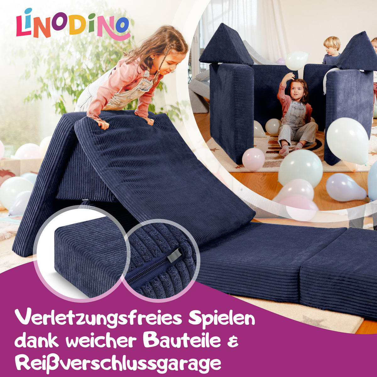 KINDERSOFA Spielparadies - Dunkelblau, Textil (66/52/150cm) - Linodino