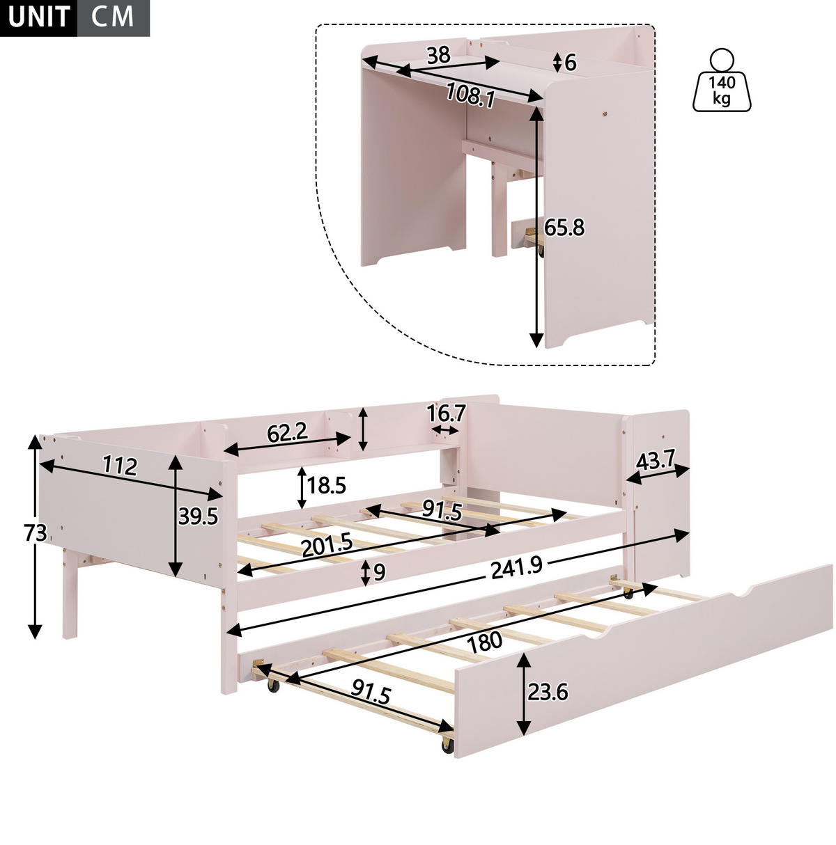 BETT 90/200 cm Rosa mit Ausziehbett, Schreibtisch und 3 Regalen - Rosa, Holz (90/200cm) - Flora Grace