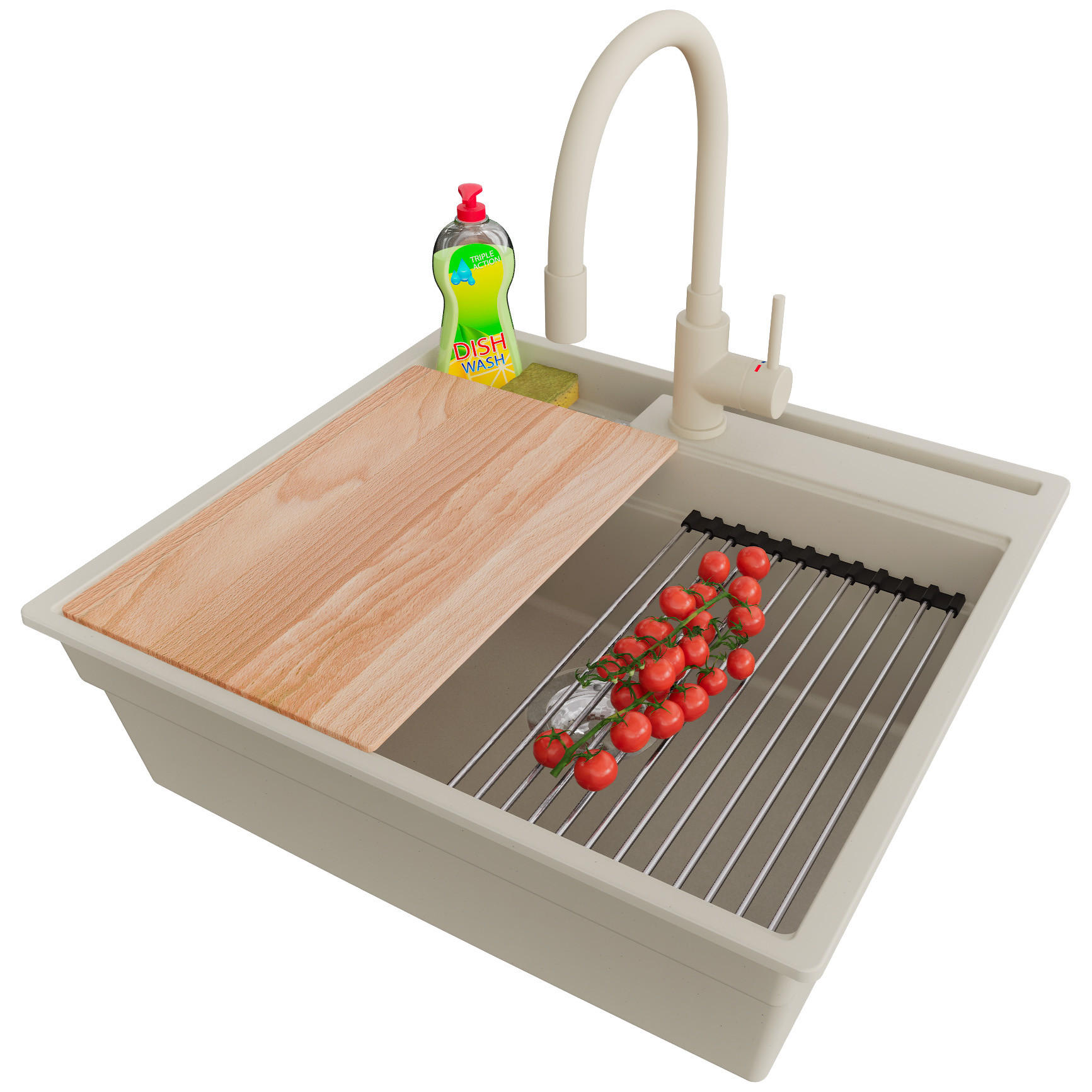 GRANITSPÜLE Oslo Pocket, 2-er set Beige 58/53 cm 1 Becken + Küchenarmatur 38/14 cm + Ablauf-Set + Küchenzubehörset ab 60er Unterschrank - Chromfarben/Beige, Kunststoff (58/20/53cm) - Primagran