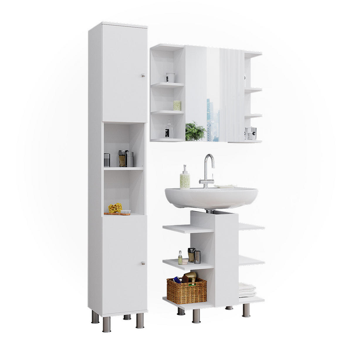 BADMÖBEL-SET Fynn Weiß 3 Teile, mit Hochschrank - Weiß, Holzwerkstoff (79.6/190/36.6cm) - Vicco