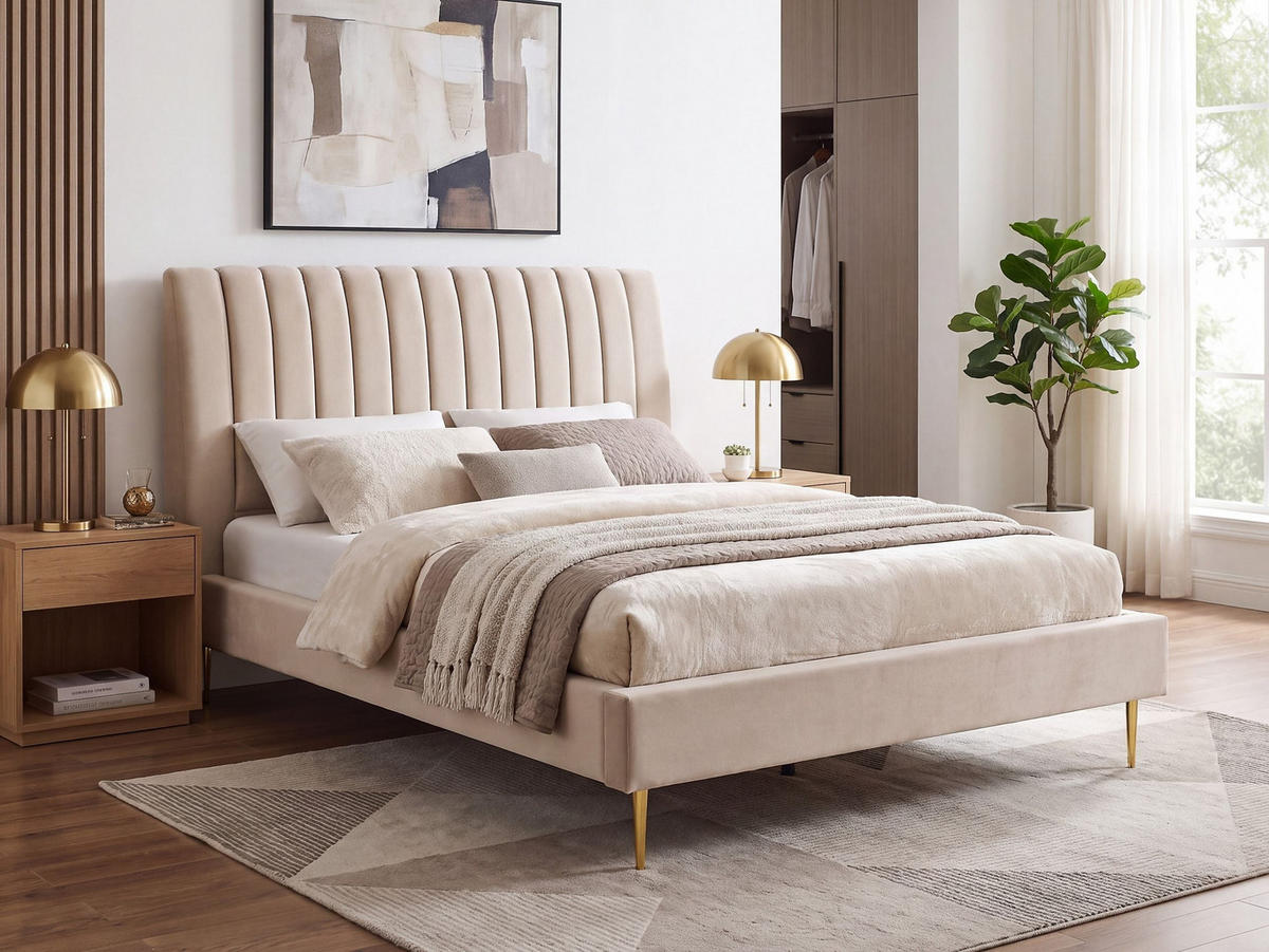 KÁRPITOZOTT ÁGY 160/200cm Homokbézs Marville - bézs, textil (160/200cm) - Beliani