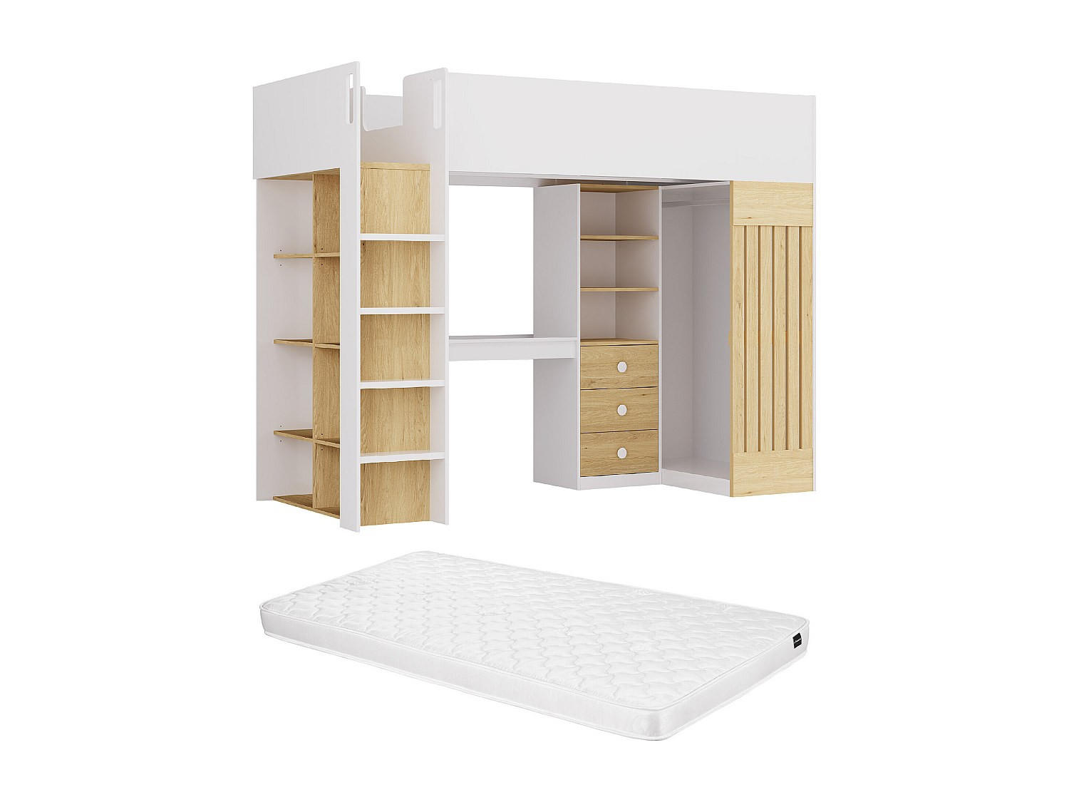 HOCHBETT mit Schreibtisch & Kleiderstange + Matratze - 90 x 190 cm - Weiß & Holzfarben - LORINTI - Naturfarben, Holz (108.5/235cm) - Vente-Unique