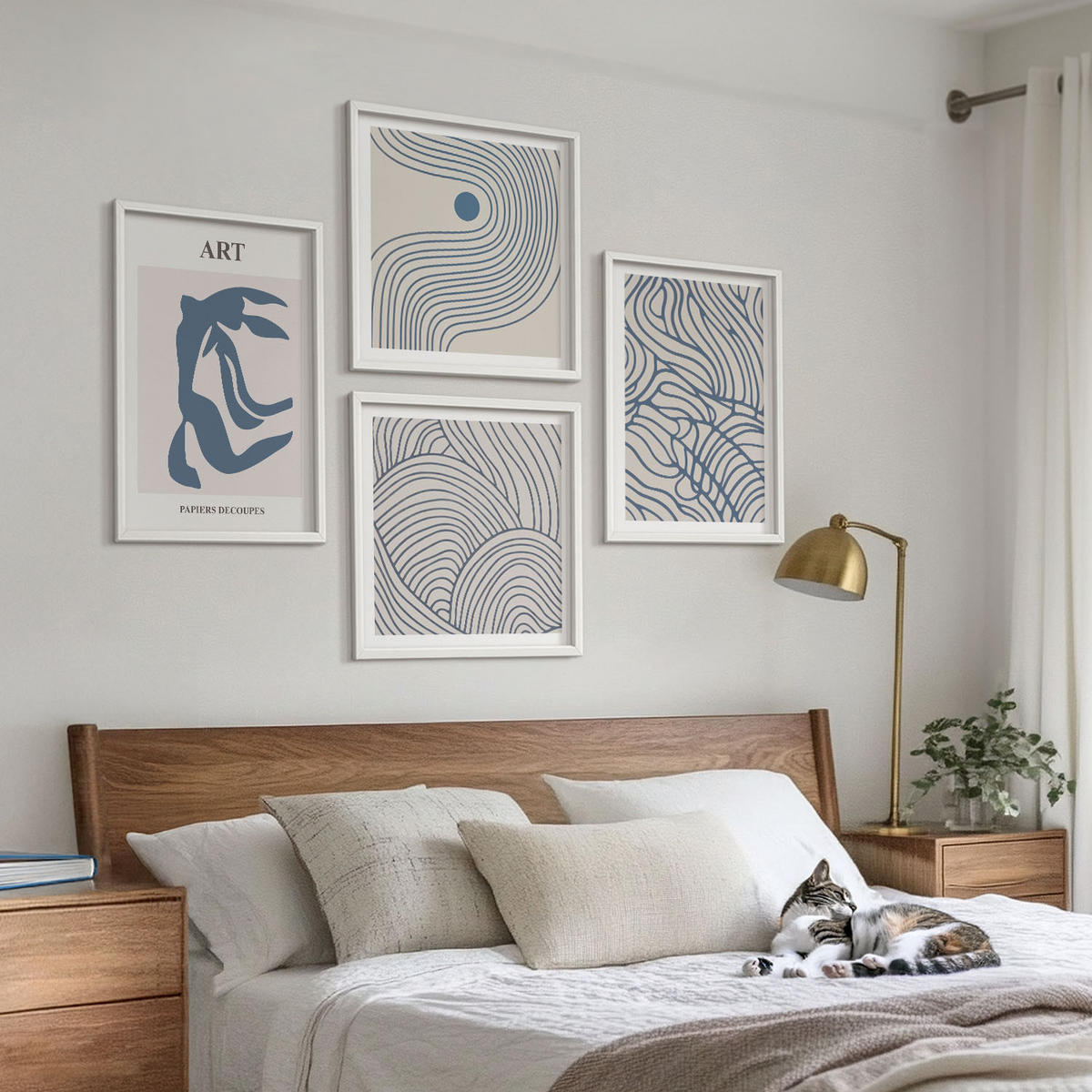 WANDBILDER 4er-Set - 50x50 cm & 40x60 cm Weißer Rahmen - Abstrakte blaue Linien - Weiß, Kunststoff (50/50cm) - ArtPrintCave