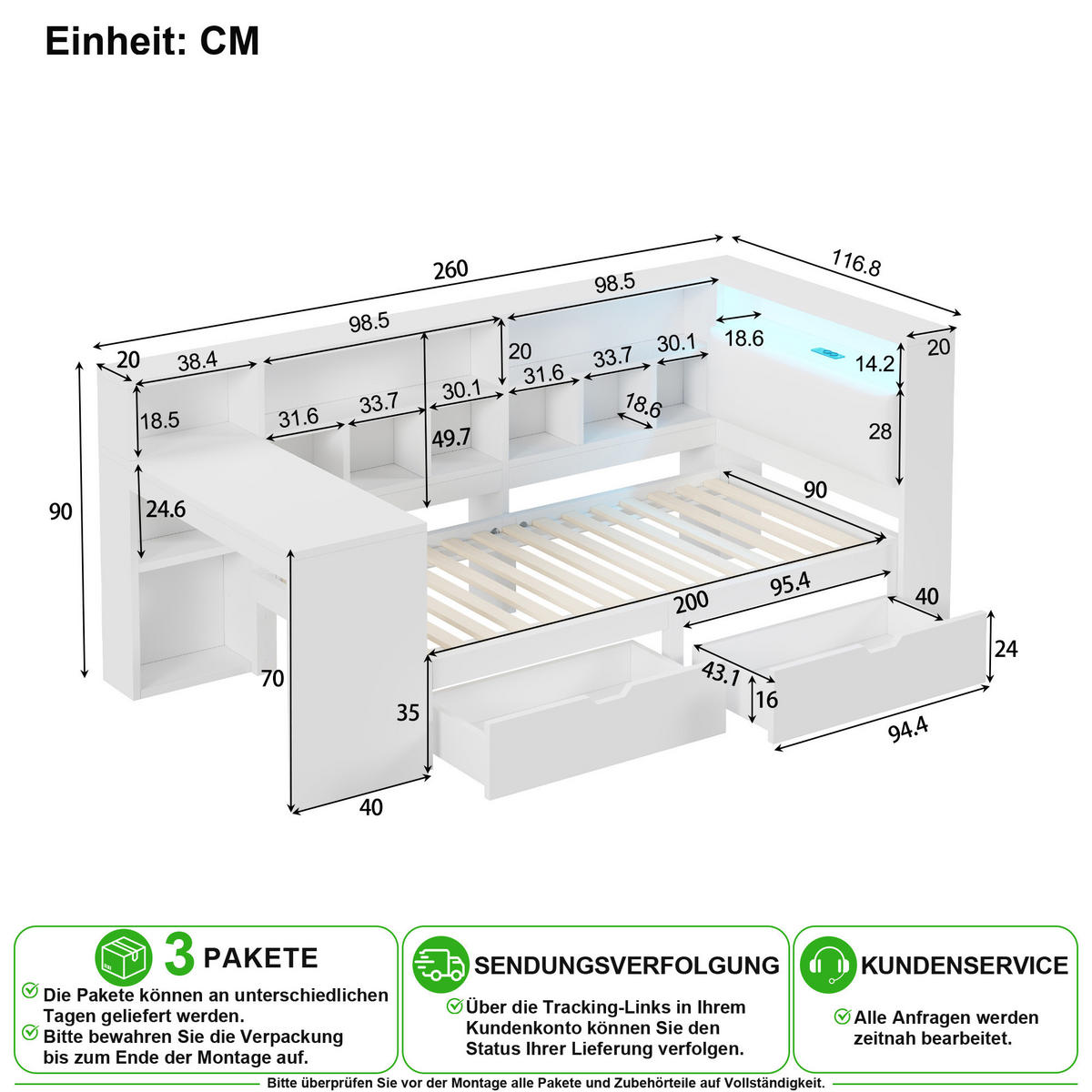 BETT 90/200 cm in Weiß mit Schreibtisch, Regal, Schubladen und LED - Weiß, Holz/Holzwerkstoff (90/200cm) - CHICFURN