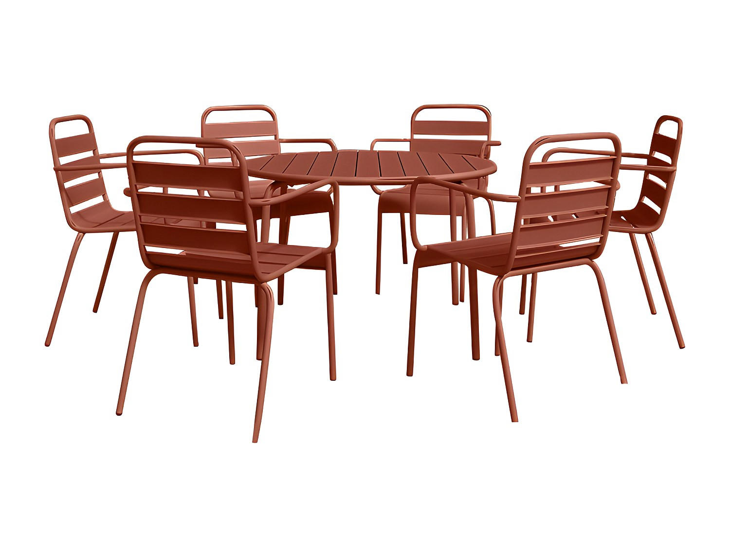 GARTEN-ESSGRUPPE: Tisch rund D. 130 cm + 6 stapelbare Sessel - Metall - Terracotta - MIRMANDE von MYLIA - Braun, Metall - Vente-Unique