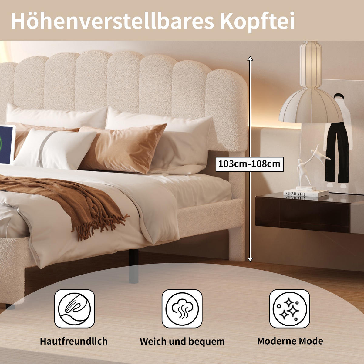 POLSTERBETT 140/200cm, mit Schubladen, USB-A/C Ladefunktion, Lattenrost aus Holz, sherpa gepolstertes Bett, Beige - Beige, Holzwerkstoff (140/200cm) - Brevoria